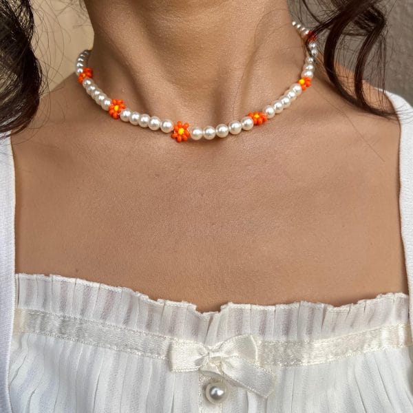 Boho Pearl Choker Necklace for Women (Orange)